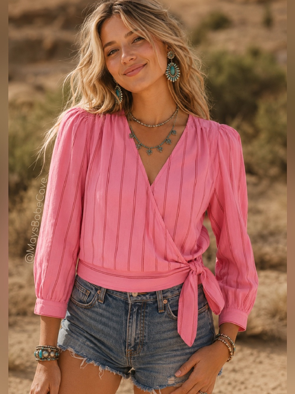 Madewell Pink Coral Striped Tie Wrap Cotton Top